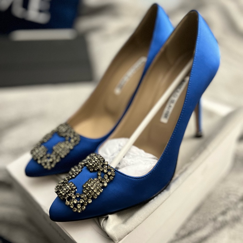 Manolo Blahnik Blue Hangisi with Gun Metal Embellishment Women's Shoes Size 38